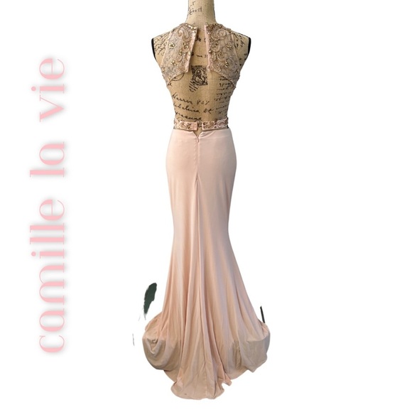 Camille LA VIE Beaded Bodice Gown Blush Pink with Waist & Back Cutouts Size 2 - Picture 2 of 16
